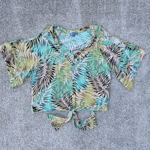 Democracy Tropical Palm Knotted Blouse V-Neck Cut Out Flared Sleeve Size Small